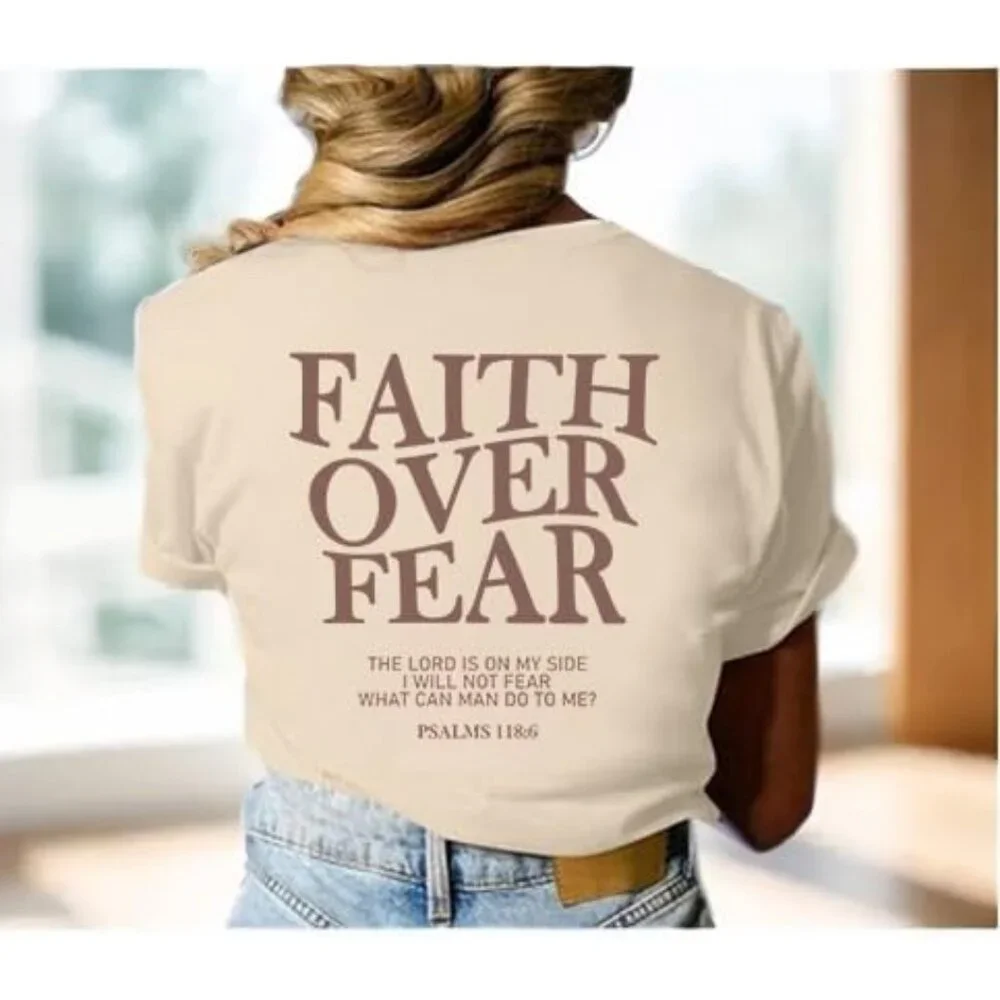 Faith Over Fear T-Shirt Womens Christian Tee Bible Verse Casual Top - Picture 3 of 5